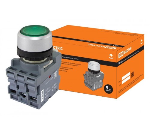 Кнопка с фиксацией MP2-21G(LED) в сборе d22мм/220В 1з+1р зеленая  SQ0747-0022  TDM