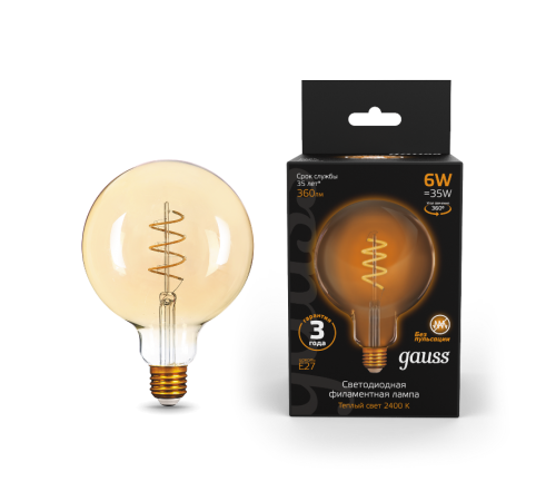 Лампа светодиодная Black LED Filament G120 Flexible E27 6W Golden 360lm 2400К  158802008  Gauss
