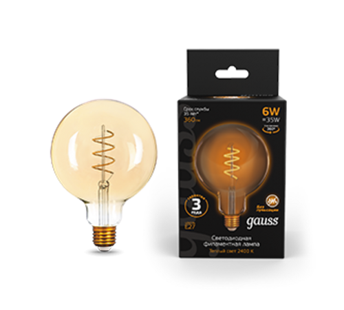 Лампа светодиодная Black LED Filament G120 Flexible E27 6W Golden 360lm 2400К  158802008  Gauss