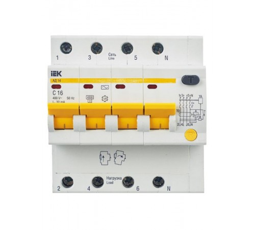 Выключатель автоматический дифференциального тока АД14 4п 16А C 30мА тип AC (5 мод)  MAD10-4-016-C-030  IEK