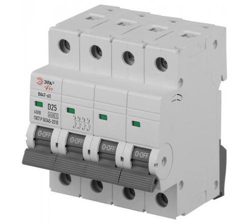 Автоматический выключатель PRO VA63-4P25D4.5 ВА47-63 4P 25А кривая D 4,5кА   Б0059486  ЭРА