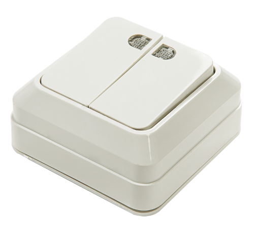 Выключатель двухклавишный с подсветкой BOLLETO белый накладной 7123  4680005959778  IN HOME