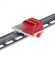 Блок распределительный с верт. адаптером на рейки  15/35мм, зажим push-in, 10  подкл. 2,5 кв.мм, красный  DTP1-010-04SPUR-V  DKC