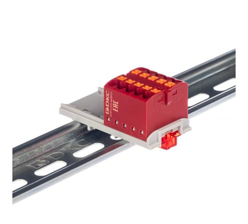 Блок распределительный с верт. адаптером на рейки  15/35мм, зажим push-in, 10  подкл. 2,5 кв.мм, красный  DTP1-010-04SPUR-V  DKC