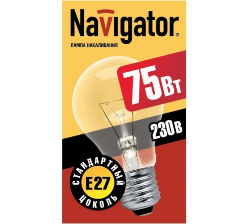 Лампа накаливания ЛОН  75Вт Е27 230В NI-A-75-230-E27-CL  94301  Navigator