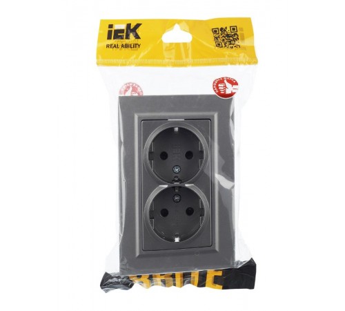 BRITE Розетка 2-ая с заземлением со шторками 16А в сборе РСш12-3-БрС сталь  BR-R24-16-K46-F  IEK