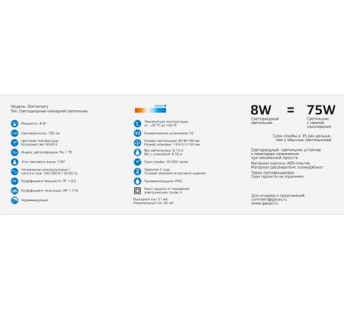 Светильник светодиодный пылевлагозащищенный для ЖКХ круглый IP65 8W 6500K  126411308  Gauss