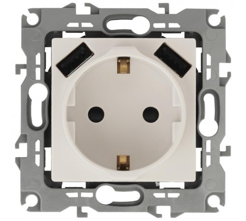 12-4109-02 Розетка с заземлением 16A-250В, штор. с 2xUSB 5В-3А, 12, слоновая кость   Б0047841  ЭРА