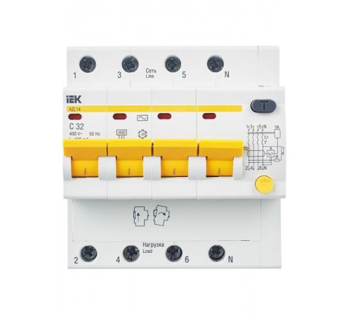 Выключатель автоматический дифференциального тока АД14 4п 32А C 100мА тип AC (5 мод)  MAD10-4-032-C-100  IEK