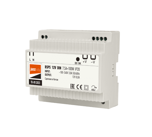 Драйвер для светодиодной ленты BSPS DIN 12V 7.5A=100w PL IP20 3г.гар  на DIN-рейку  .5049987  Jazzway