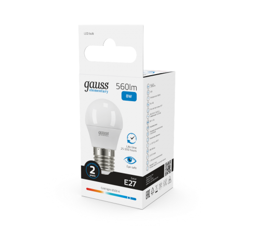 Лампа светодиодная LED 8Вт E27 220В 6500К Elementary шар  53238  Gauss