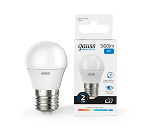 Лампа светодиодная LED 8Вт E27 220В 6500К Elementary шар  53238  Gauss