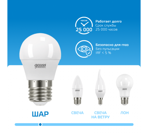 Лампа светодиодная LED 8Вт E27 220В 6500К Elementary шар  53238  Gauss