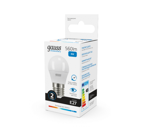 Лампа светодиодная LED 8Вт E27 220В 6500К Elementary шар  53238  Gauss