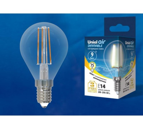 Лампа светодиодная LED-G45-9W/3000K/E14/CL/DIM GLA01TR LED диммируемая. "шар", прозр серия Air. 3000K  UL-00005191  Uniel