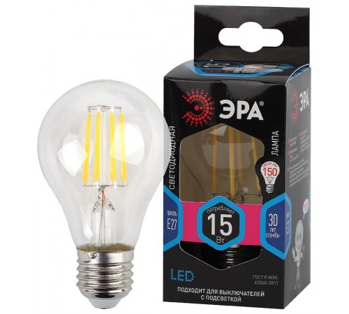 Лампа светодиодная F-LED A60-15W-840-E27 (филамент, груша, 15Вт, тепл, Е27)  Б0046983  ЭРА