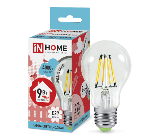 Лампа светодиодная LED-A60-deco 9Вт 230В Е27 4000К 810Лм прозр  4690612008073  IN HOME