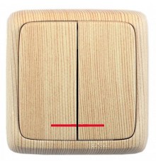 Выключатель открытой установки, двухклавишный, с индикацией, с монтажной пластиной, цвет сосна  ВА10-156-02  HEGEL