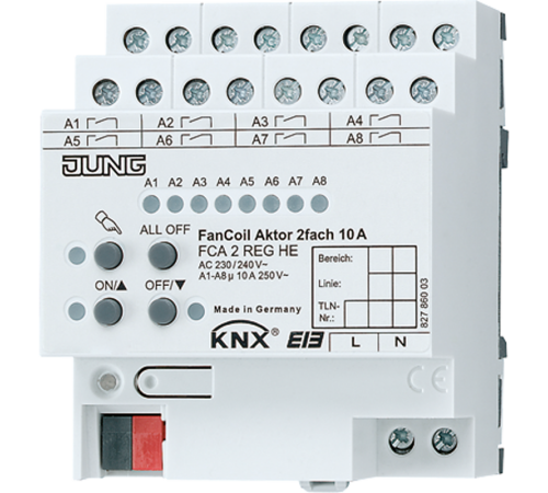 Актуатор для фанкойлов 2 группы, монтаж на DIN-рейку, 4 модуля; KNX  FCA2REGHE  Jung