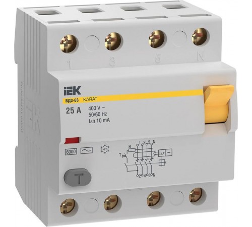 Выключатель дифференциальный (УЗО) ВД3-63 4P 25А 10мА 6кА тип АС KARAT  MDV20-4-025-010  IEK