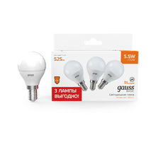 Лампа светодиодная   Basic Шар 5,5W 525lm 3000K E14 (3 лампы в упаковке) LED 1/40  10531152T  Gauss