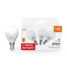 Лампа светодиодная   Basic Шар 5,5W 525lm 3000K E14 (3 лампы в упаковке) LED 1/40  10531152T  Gauss