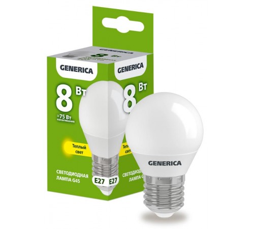 Лампа светодиодная G45 шар 8Вт 230В 3000К E27   LL-G45-08-230-30-E27-G  GENERICA