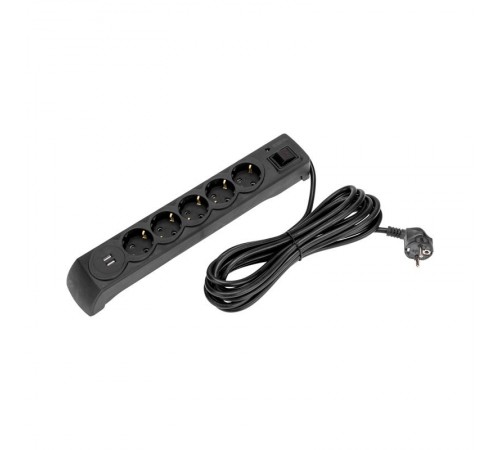Фильтр сетевой 5 гнезд, 5м, 3х1,5мм, с автовыкл, 2 USB, черный  13-4703  Kranz
