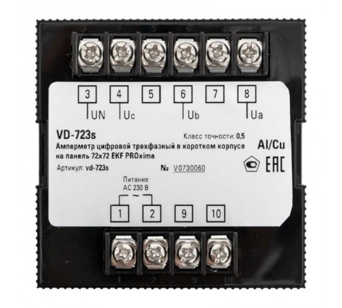 Вольтметр VD-723s цифровой на панель 72x72 (квадратный вырез) трехфазный в коротком корпусе PROxima  VD-723s  EKF