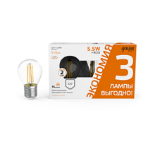 Лампа светодиодная   Basic Filament Шар 5,5W 510lm 2700К Е27 LED (3 лампы в упаковке) 1/20  1051216T  Gauss