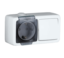 БА16-211 Блок открытой установки, брызгозащищенный , розетка с заземляющим контактом + одноклавишный выключатель, цвет белый  БА16-211  HEGEL