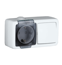 БА16-211 Блок открытой установки, брызгозащищенный , розетка с заземляющим контактом + одноклавишный выключатель, цвет белый  БА16-211  HEGEL