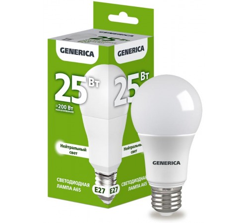 Лампа светодиодная A65 груша 25Вт 230В 4000К E27   LL-A65-25-230-40-E27-G  GENERICA