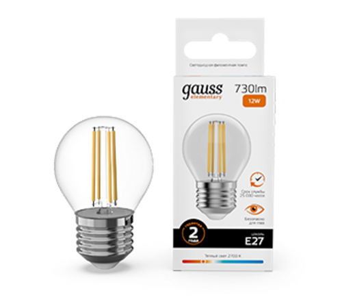 Лампа светодиодная   Filament Elementary Шар 12W 730lm 2700К Е27 LED 1/10/100  52212  Gauss