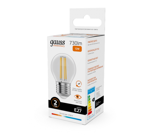 Лампа светодиодная   Filament Elementary Шар 12W 730lm 2700К Е27 LED 1/10/100  52212  Gauss