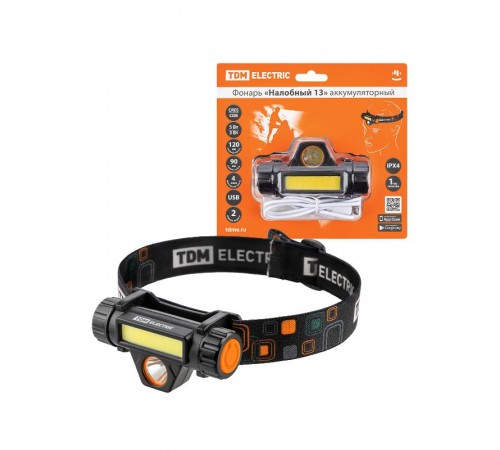 Фонарь "Налобный 13" аккум., 5 Вт CREE+3 Вт COB, Li-Ion 3,7 В 18650 1,2 А*ч, 120 лм, USB  SQ0350-0070  TDM