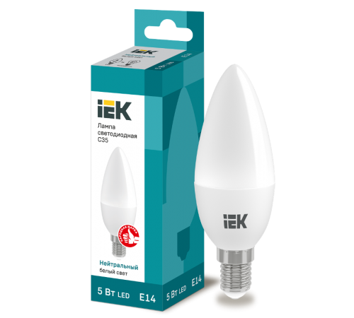 Лампа светодиодная LED 5Вт Е14 220В 4000К C35 свеча  LLE-C35-5-230-40-E14  IEK