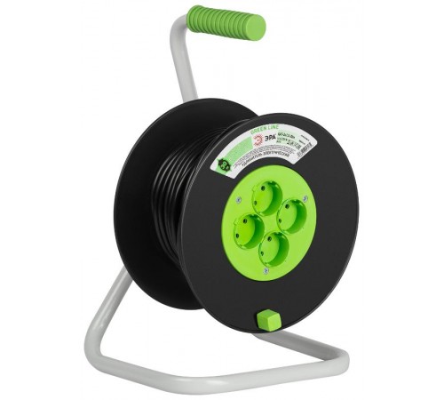 Удлинитель силовой ЭРА GREEN LINE KAT-2x1.5-30m Greenline на катушке пластик 4 розетки без заземления 30м ПВС 2x1.5мм2   Б0065083  ЭРА