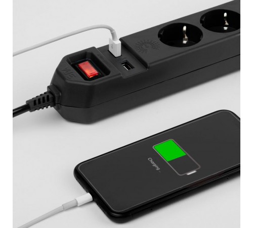 Сетевой фильтр USF-5es-1.5m-USB-B   (черный) с заземл, 3x0,75мм2, с выкл, 5гн+2USB, 1.5м (20/600) Б0019036  ЭРА