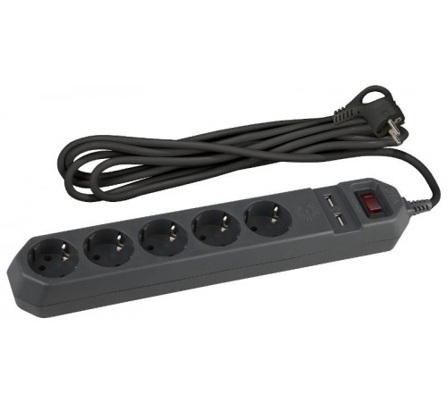 Сетевой фильтр USF-5es-1.5m-USB-B   (черный) с заземл, 3x0,75мм2, с выкл, 5гн+2USB, 1.5м (20/600) Б0019036  ЭРА