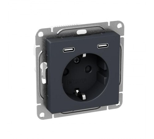 Механизм розетки с USB-C - 2шт, 16А, с заземлением, со шторками, графит Эпика  UP1-SOG-111-2USBC EKF