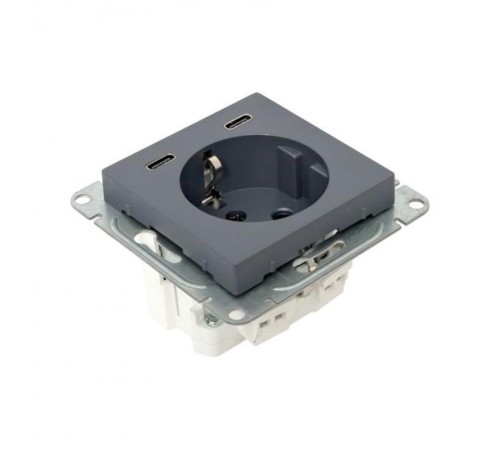 Механизм розетки с USB-C - 2шт, 16А, с заземлением, со шторками, графит Эпика  UP1-SOG-111-2USBC EKF