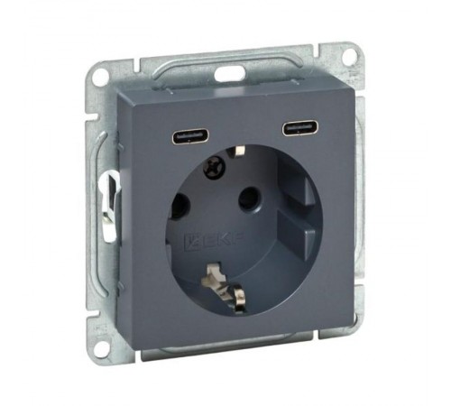 Механизм розетки с USB-C - 2шт, 16А, с заземлением, со шторками, графит Эпика  UP1-SOG-111-2USBC EKF
