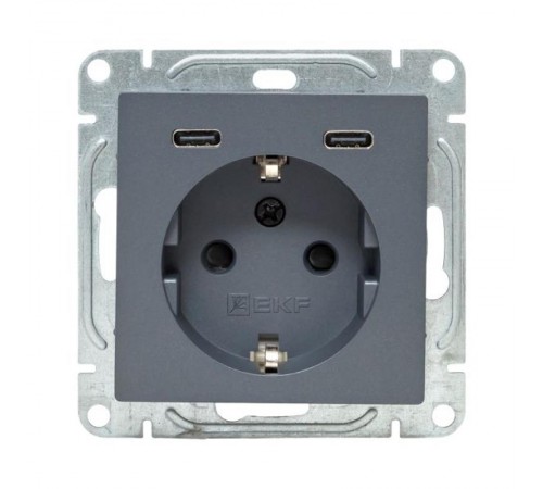 Механизм розетки с USB-C - 2шт, 16А, с заземлением, со шторками, графит Эпика  UP1-SOG-111-2USBC EKF