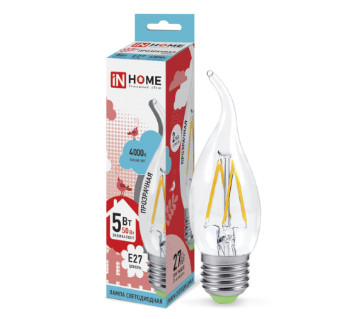 Лампа светодиодная LED-СВЕЧА НА ВЕТРУ-deco 5Вт 230В Е27 4000К 450Лм прозр  4690612007656  IN HOME