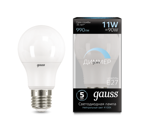 Лампа светодиодная LED 11Вт E27 220В 4100К A60, диммируемая  102502211-D  Gauss