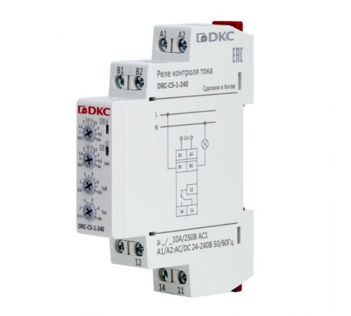 Реле контроля тока, тип DRC, 0.5-5А, конфигурация контакта 1CO, 24-240 AC/DC  DRC-C5-1-240  DKC