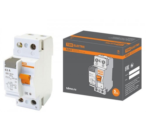 Выключатель дифференциальный (УЗО) ВД63 2Р 63А 300мА (электронное)  SQ0220-0024  TDM