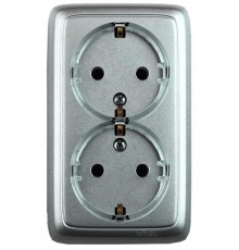 Розетка открытой установки, двухместная, с заземляющим контактом, со шторками, цвет серебро  РА16-182-06  HEGEL