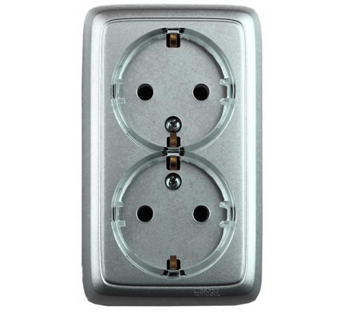 Розетка открытой установки, двухместная, с заземляющим контактом, со шторками, цвет серебро  РА16-182-06  HEGEL